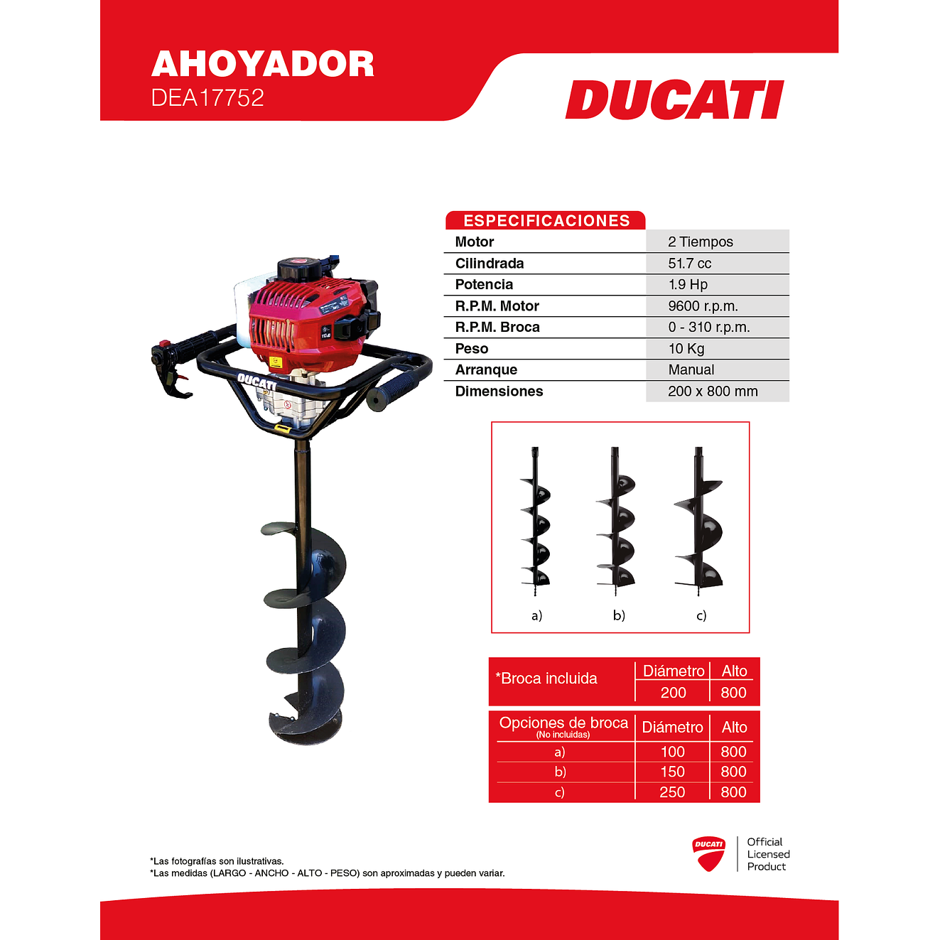 Ahoyador a gasolina Ducati DEA17752: 1.9Hp, 51.7cc, arranque manual, broca Ø200mm, 10kg. 2