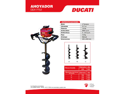 Ahoyador a Gasolina DUCATI DEA17752 1.9 HP (51.7cc, Broca 200mm) - Foto 2 | aztools.co