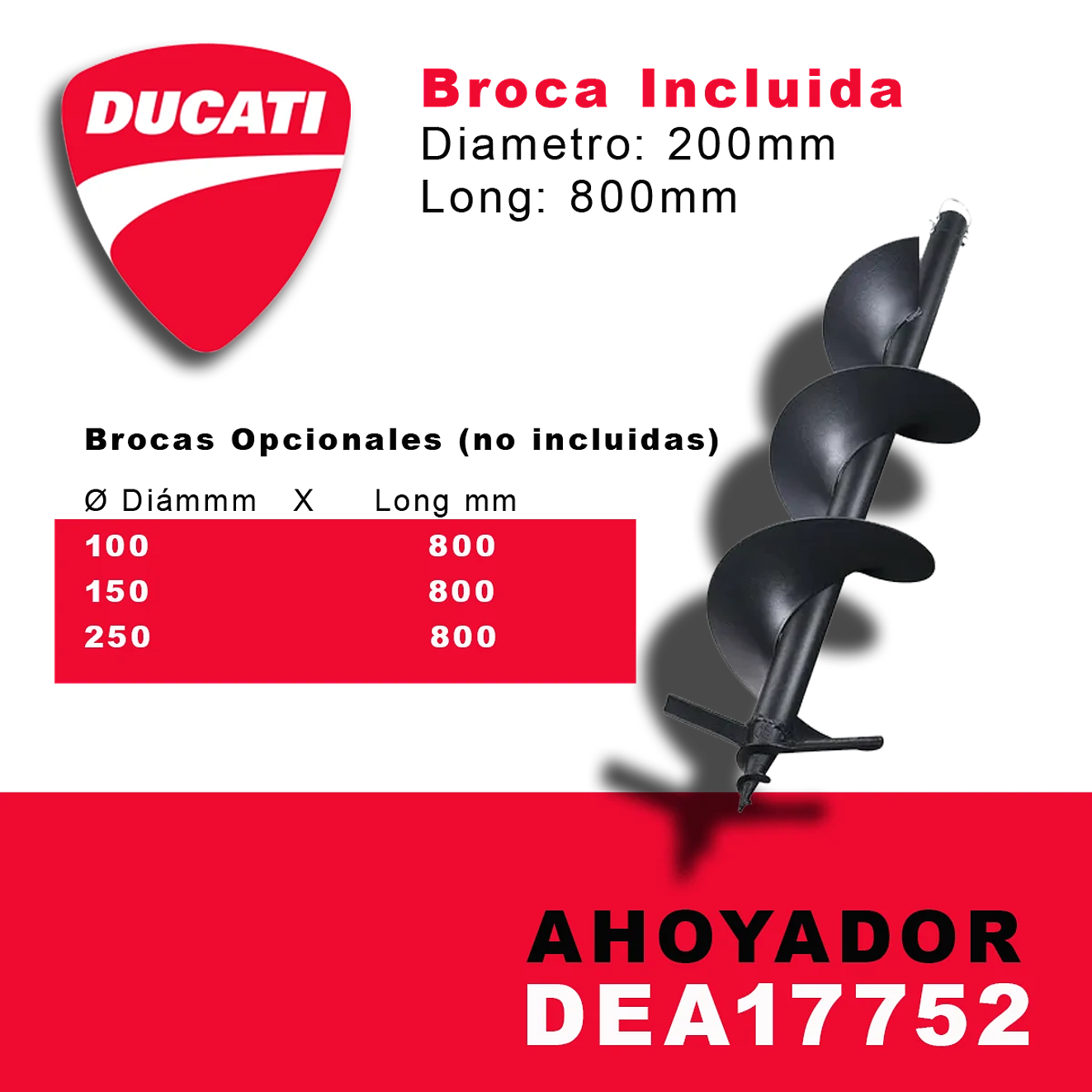 Ahoyador a gasolina Ducati DEA17752: 1.9Hp, 51.7cc, arranque manual, broca Ø200mm, 10kg. 6