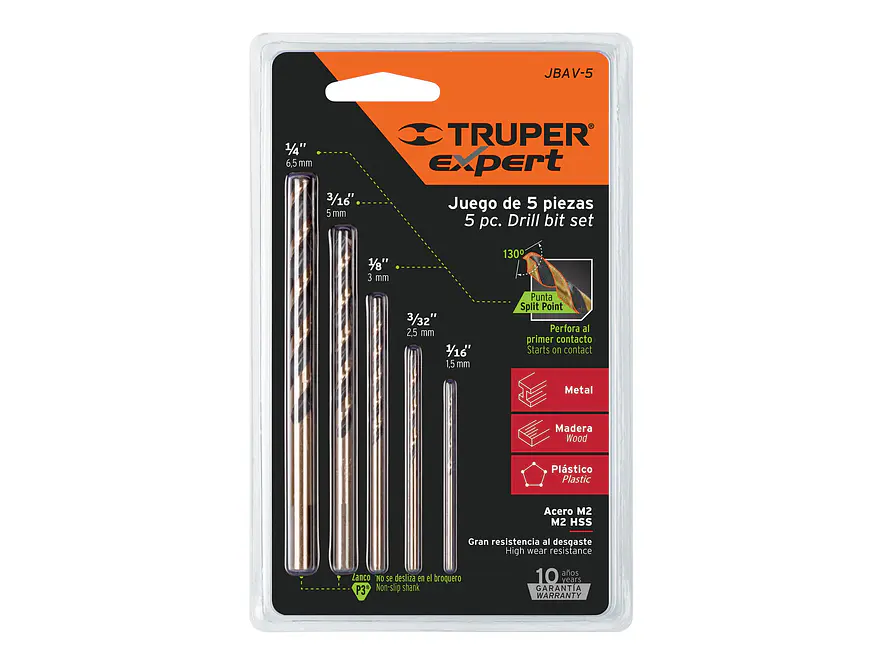 Juego de brocas de alta velocidad HSS metal Truper 11394, 5 piezas JBAV-5,  - Foto 1 | aztools.co