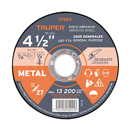 Disco para desbaste de metal, Tipo 27, diámetro 4-1/2" TRUPER 12565