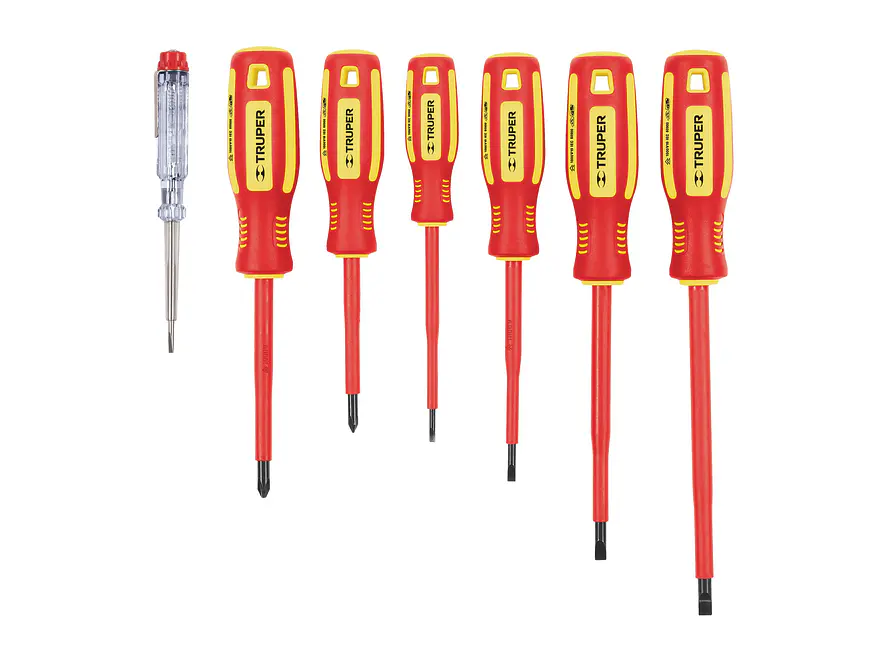 Juego de 6 destornilladores dieléctricos y 1 tester Truper 14196 - Foto 1 | aztools.co