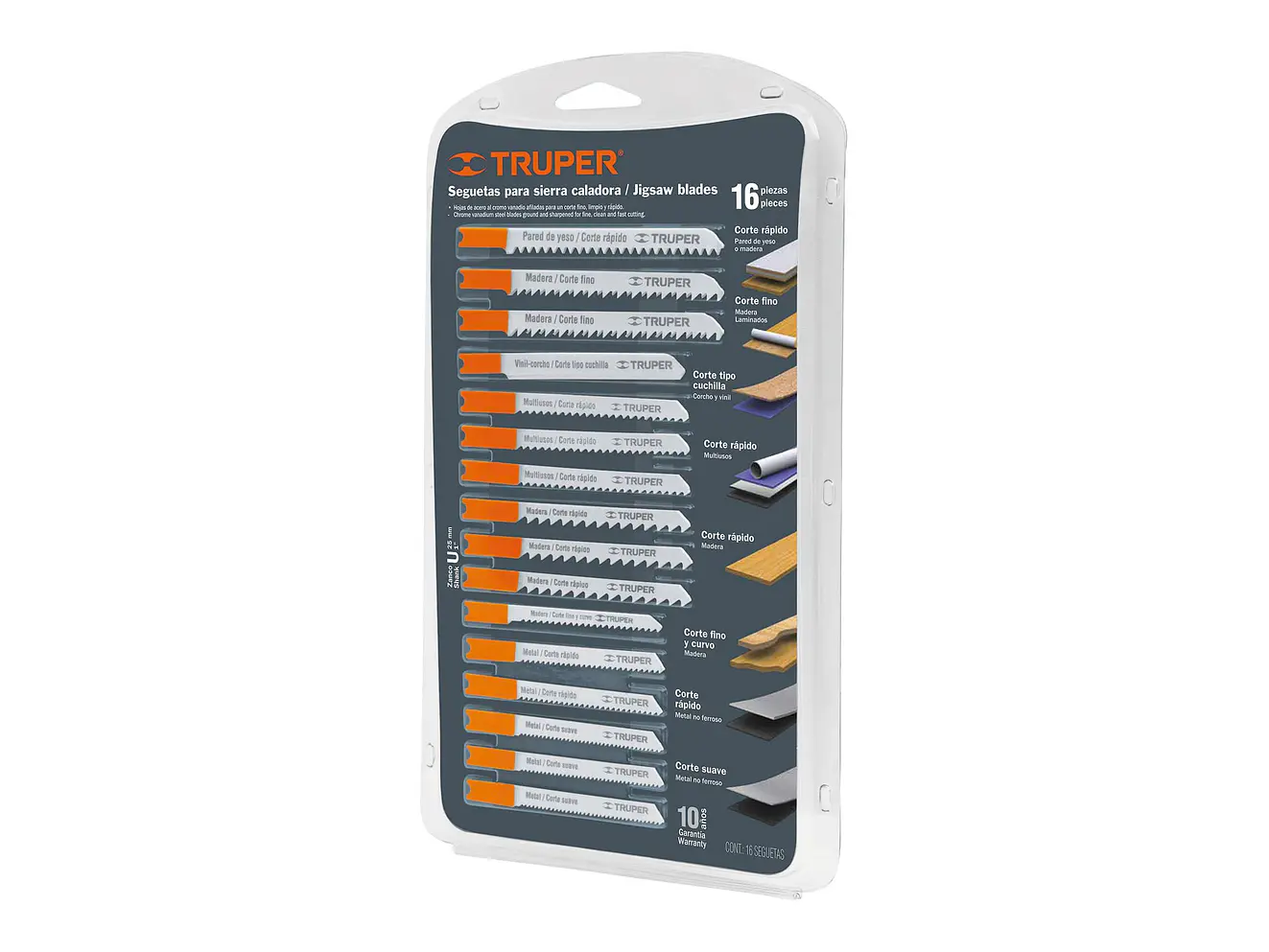 Juego seguetas caladoras, zanco u, cortes rectos, 16 piezas Truper 16129 - Foto 1 | aztools.co