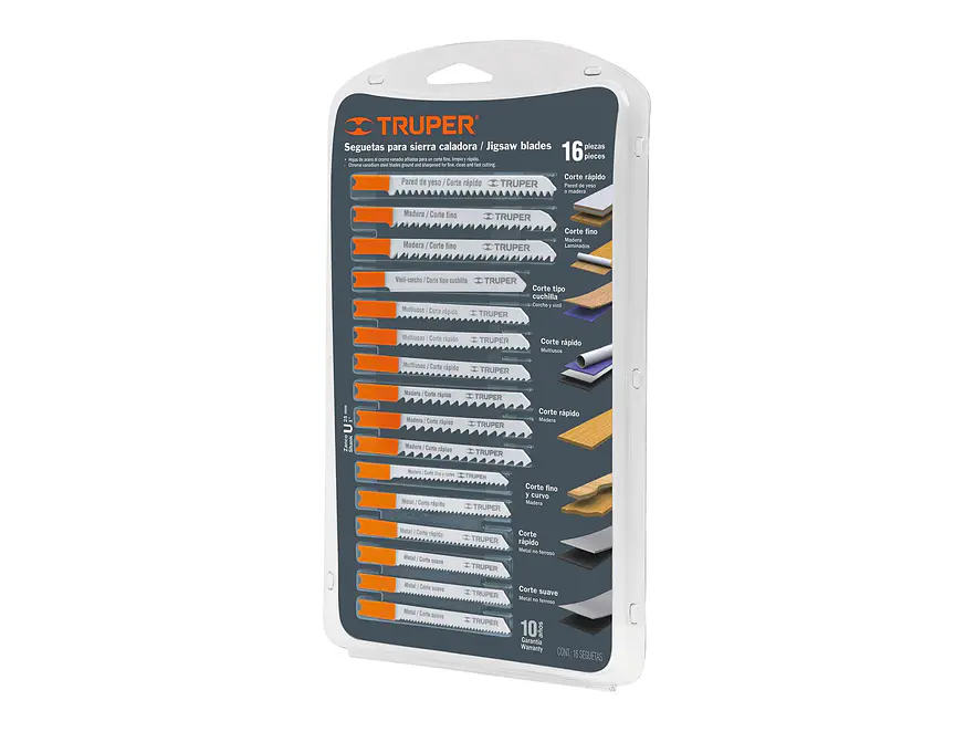 Juego seguetas caladoras, zanco u, cortes rectos, 16 piezas Truper 16129 - Foto 1 | aztools.co