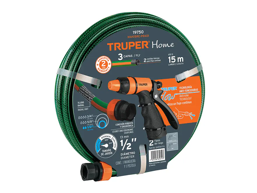 Combo de manguera MAN-15X1/RE y pistola PR-401, 15 m Truper 19750 - Foto 1 | aztools.co