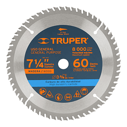 Disco sierra p/madera 7- 1/4', 60 dientes, centro 5/8'" TRUPER 18324