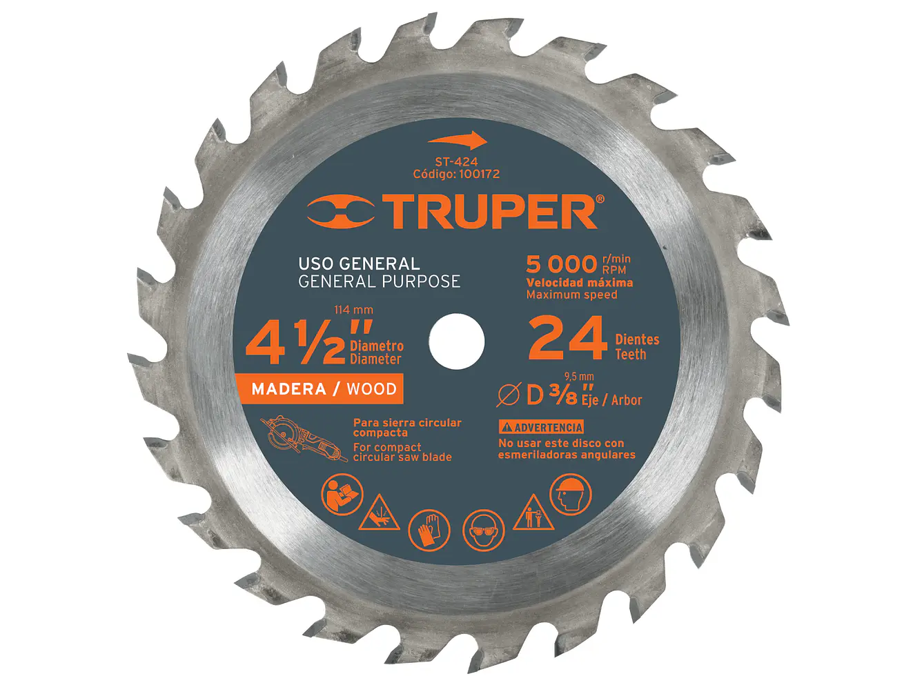 Disco sierra p/madera 4-1/2', 24 dientes, centro 3/8'