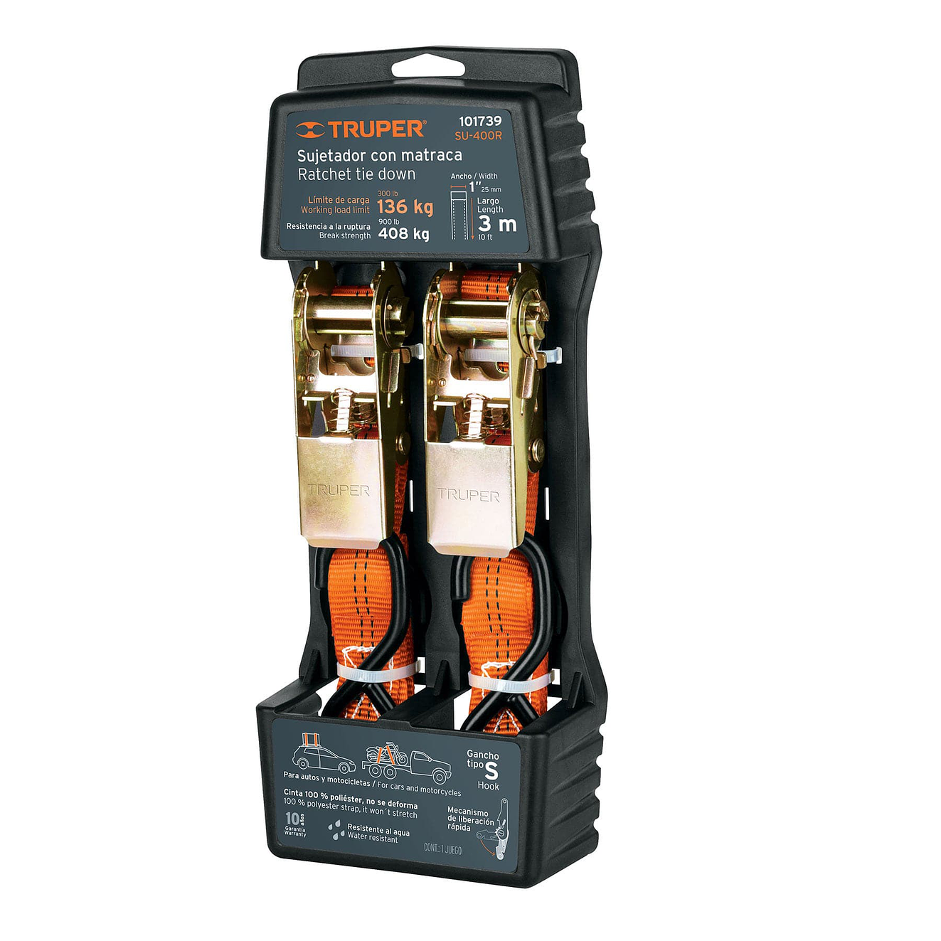 Juego de sujetadores c/matraca, carga máx 400 kg, 2 piezas