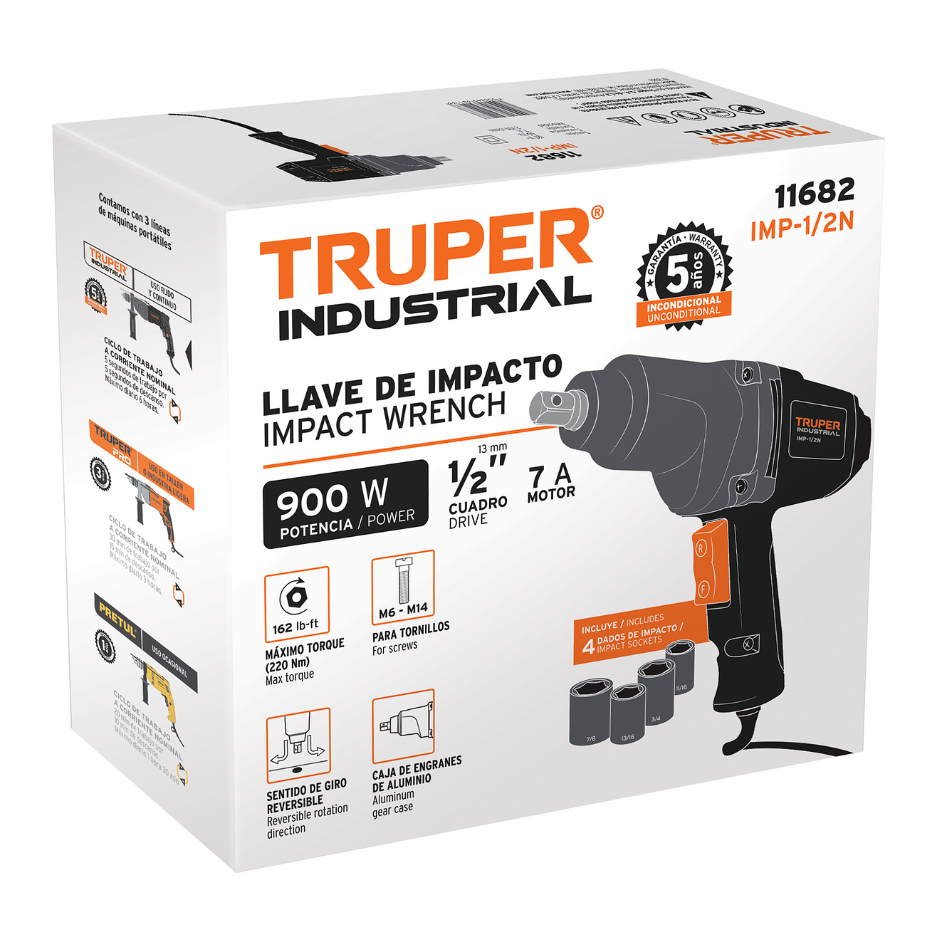 Llave impacto Industrial Electrica Truper 11682: 900W, torque 162 lb/ft, 1/2
