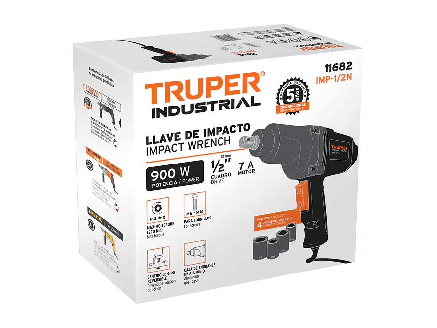 Llave impacto Industrial Electrica Truper 11682: 900W, torque 162 lb/ft, 1/2