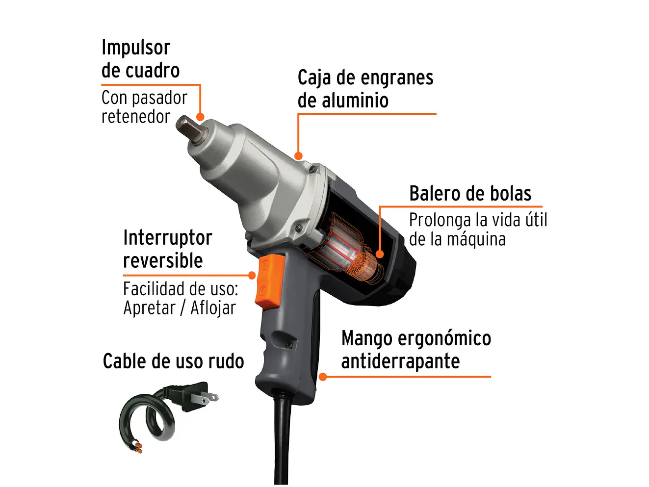 Llave impacto Industrial Electrica Truper 11682: 900W, torque 162 lb/ft, 1/2