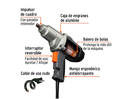 Llave impacto Industrial Electrica Truper 11682: 900W, torque 162 lb/ft, 1/2