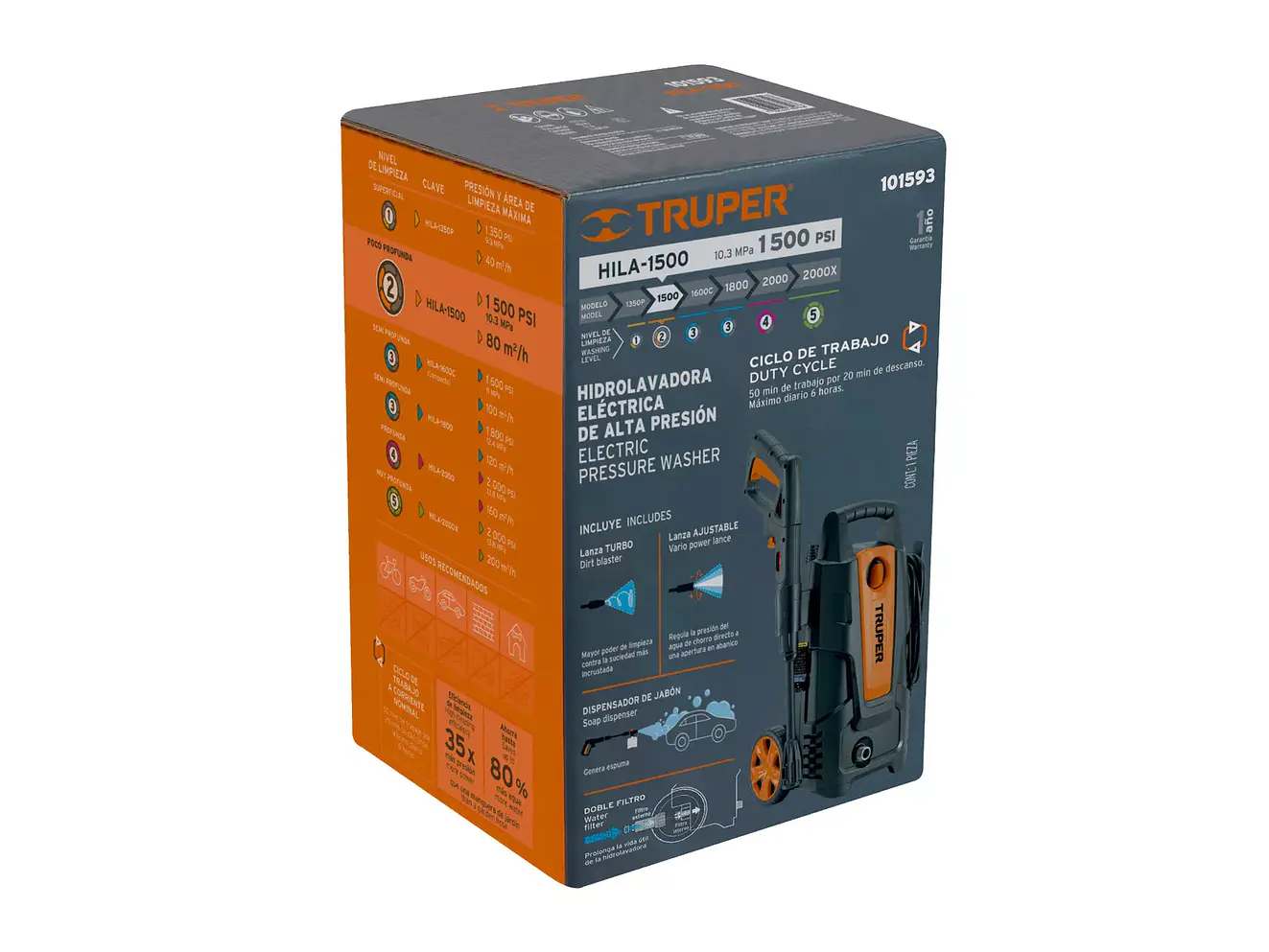 Hidrolavadora Eléctrica Truper 101593 1500 PSI HILA-1500 | 1.9 HP, 127V, con Jabonera - Foto 4 | aztools.co