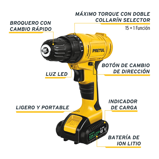 Taladro inalámbrico batería ion litio 12 V Pretul PRETUL 29975