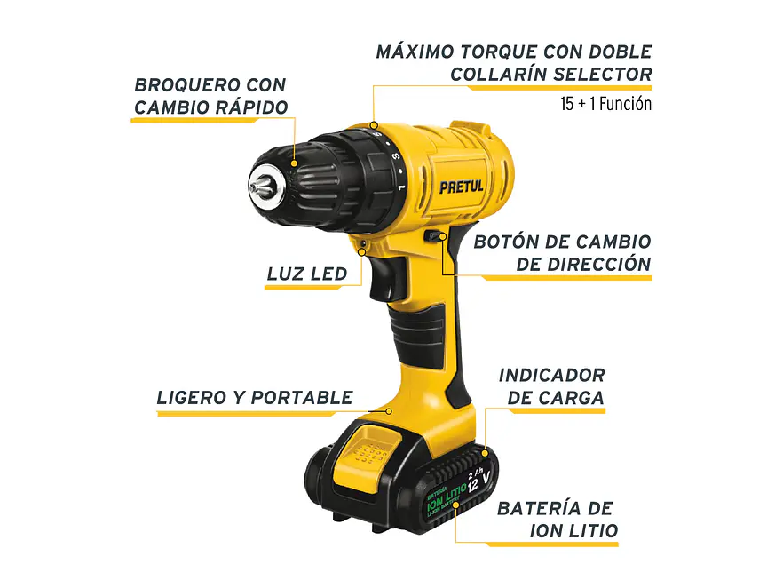 Taladro inalámbrico Pretul 29975 batería ion litio 12 V  - Foto 2 | aztools.co