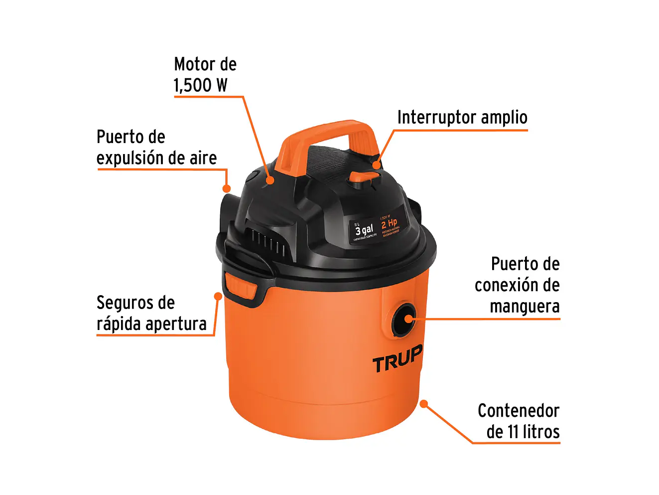 Aspiradora de sólidos y líquidos de 3 galones  Truper 12091, plástica, ASP-03 - Foto 2 | aztools.co