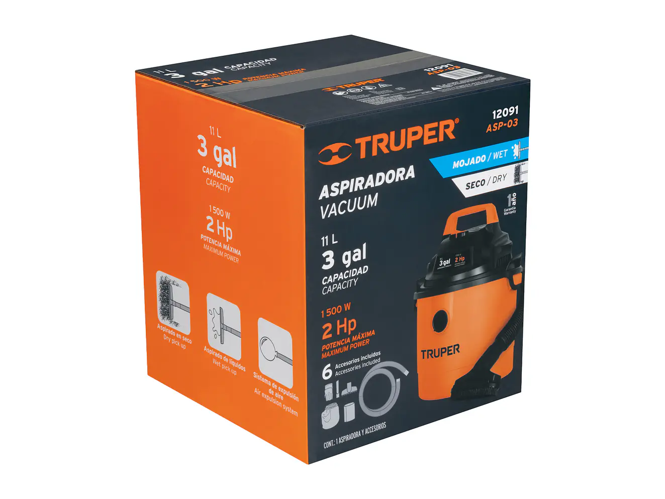 Aspiradora de sólidos y líquidos de 3 galones  Truper 12091, plástica, ASP-03 - Foto 5 | aztools.co