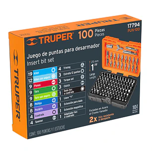 Juego 100 puntas de destornillador con estuche PUN-100 Truper 17794