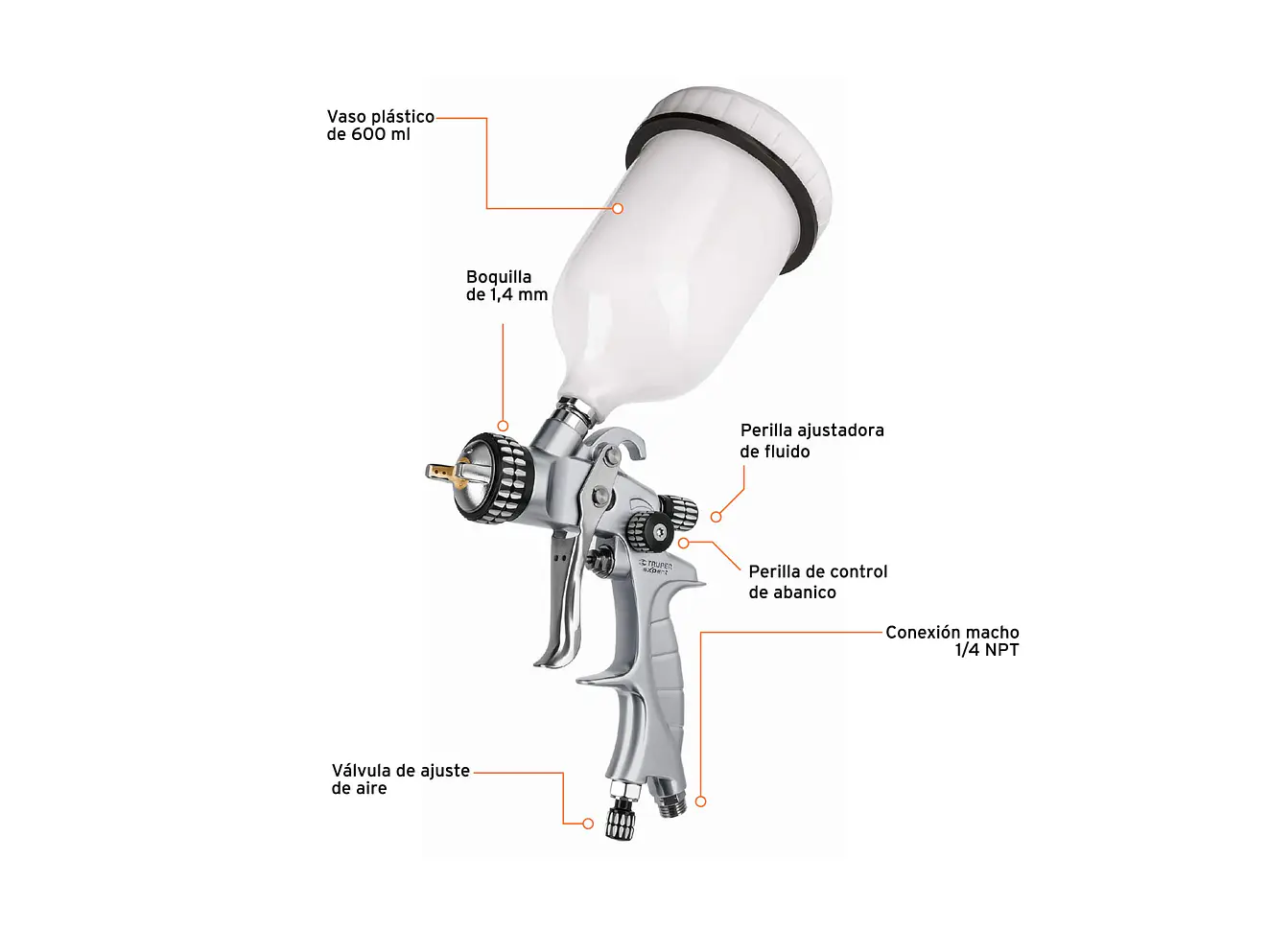 Pistola para pintar gravedad HVLP vaso plástico, 1.4 mm TRUPER / Aerógrafo con boquilla de 1.4 mm y vaso de plástico - Foto 2 | aztools.co