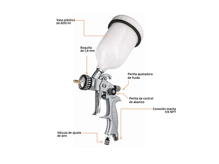 Pistola para pintar gravedad HVLP vaso plástico, 1.4 mm TRUPER / Aerógrafo con boquilla de 1.4 mm y vaso de plástico - Foto 2 | aztools.co