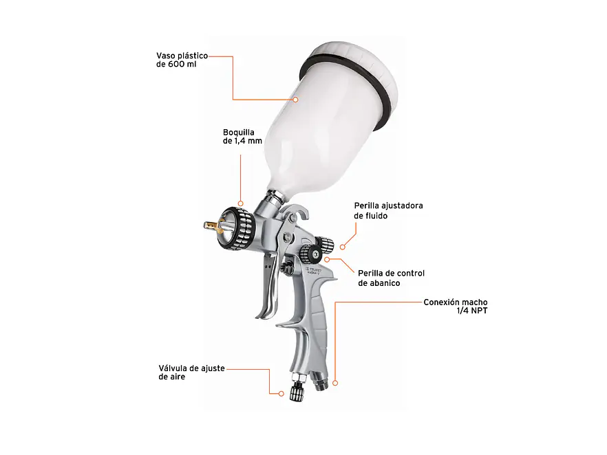 Pistola para pintar gravedad HVLP vaso plástico, 1.4 mm TRUPER / Aerógrafo con boquilla de 1.4 mm y vaso de plástico - Foto 2 | aztools.co