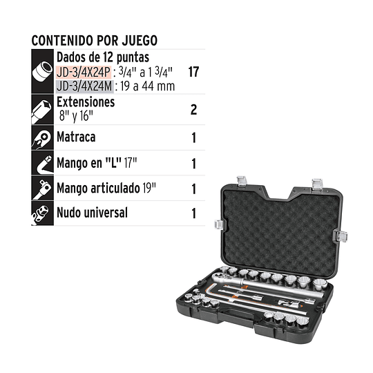 Juego de copas 3/4 pulgadas  23 piezas TRUPER JD-3/4x24P