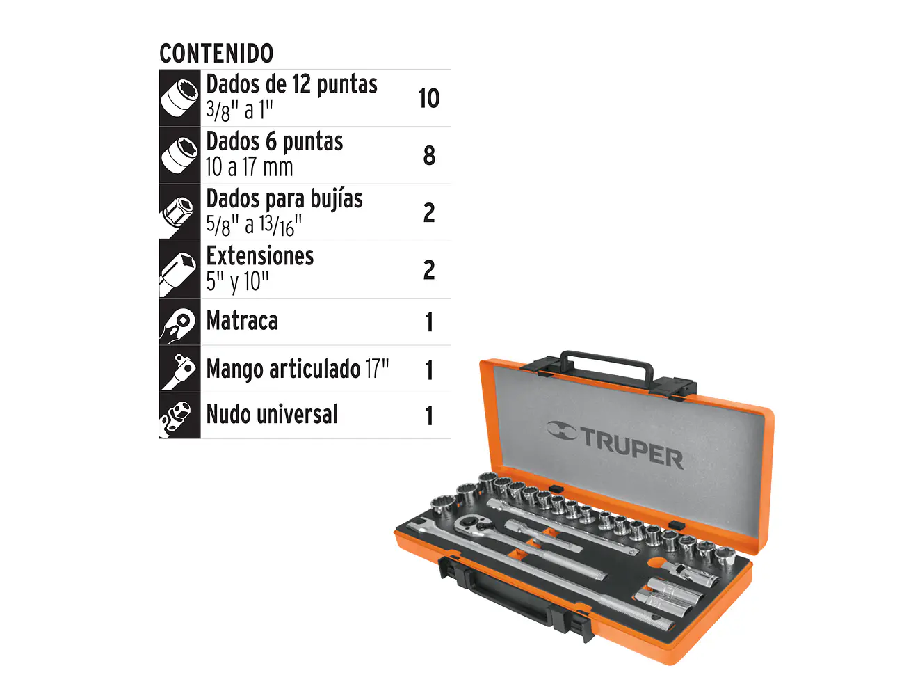 Juego de copas milimétrico Truper 13938, mando 1/2