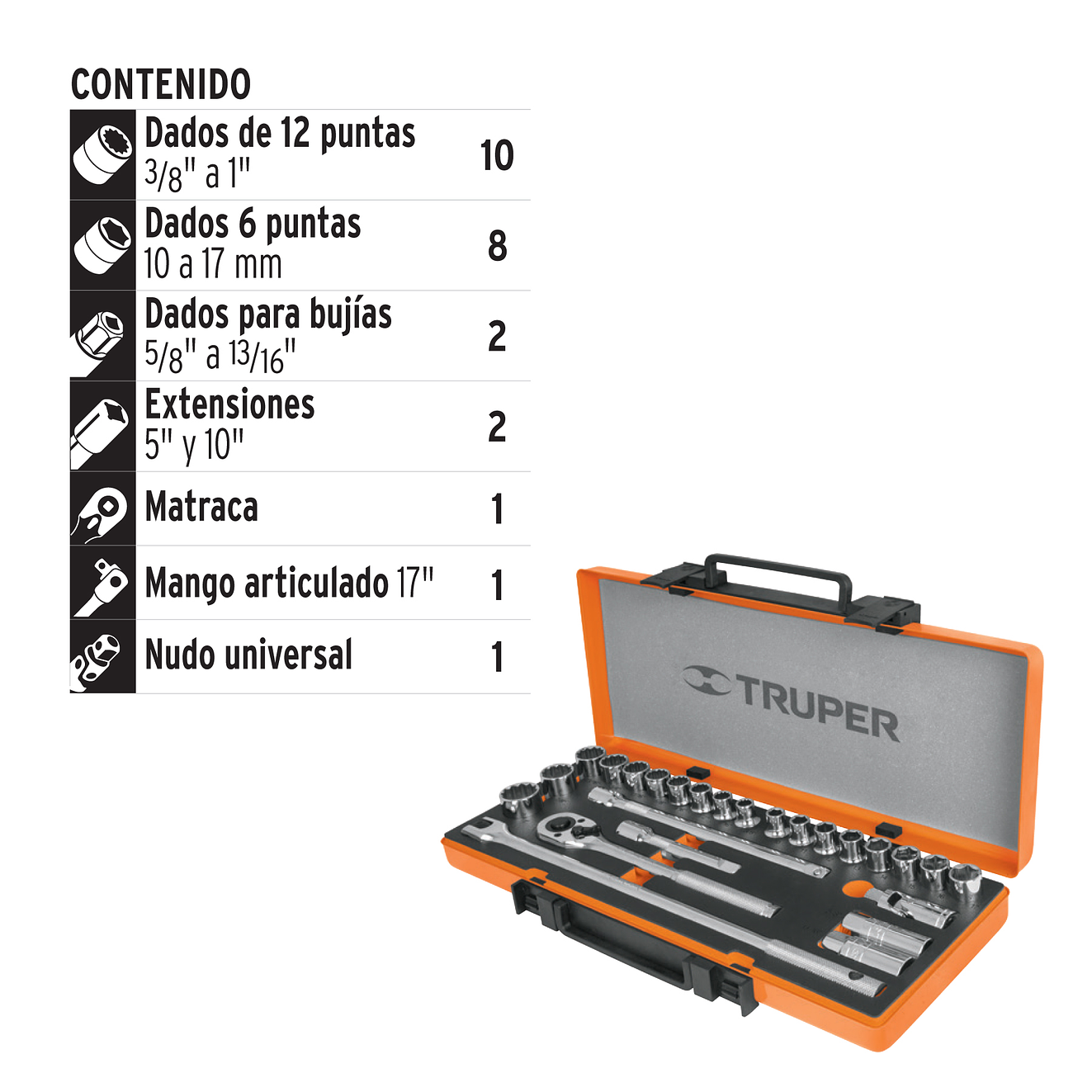 Juego de copas milimetricos y pulgadas Truper 13955, mando 3/8