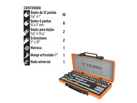 Juego de copas milimetricos y pulgadas Truper 13955, mando 3/8
