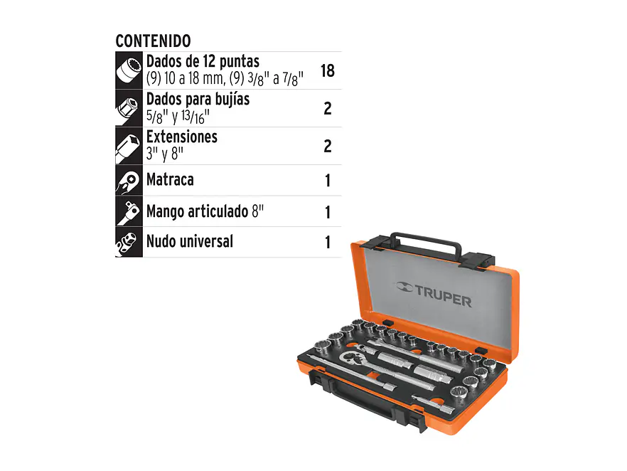 Juego de copas milimétrico Truper 13954, mando 3/8