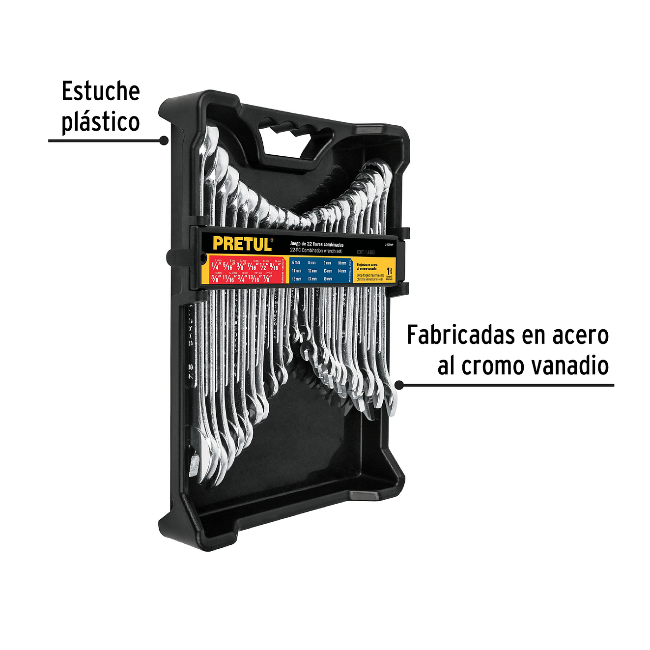Juego de llaves combinadas mixtas Pretul 22018, 22 piezas, pulgadas y milimetricas,  2