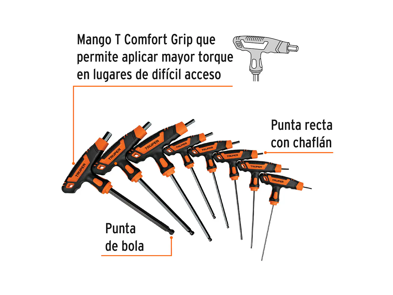 Juego de 8 llaves allen mango T Truper 100934, punta de bola, 5/64' a 3/8'