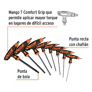 Juego de 8 llaves allen mango T Truper 100934, punta de bola, 5/64' a 3/8'