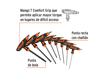 Juego de 8 llaves allen mango T Truper 100934, punta de bola, 5/64' a 3/8'