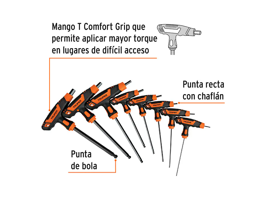 Juego de 8 llaves allen mango T Truper 100934, punta de bola, 5/64' a 3/8'