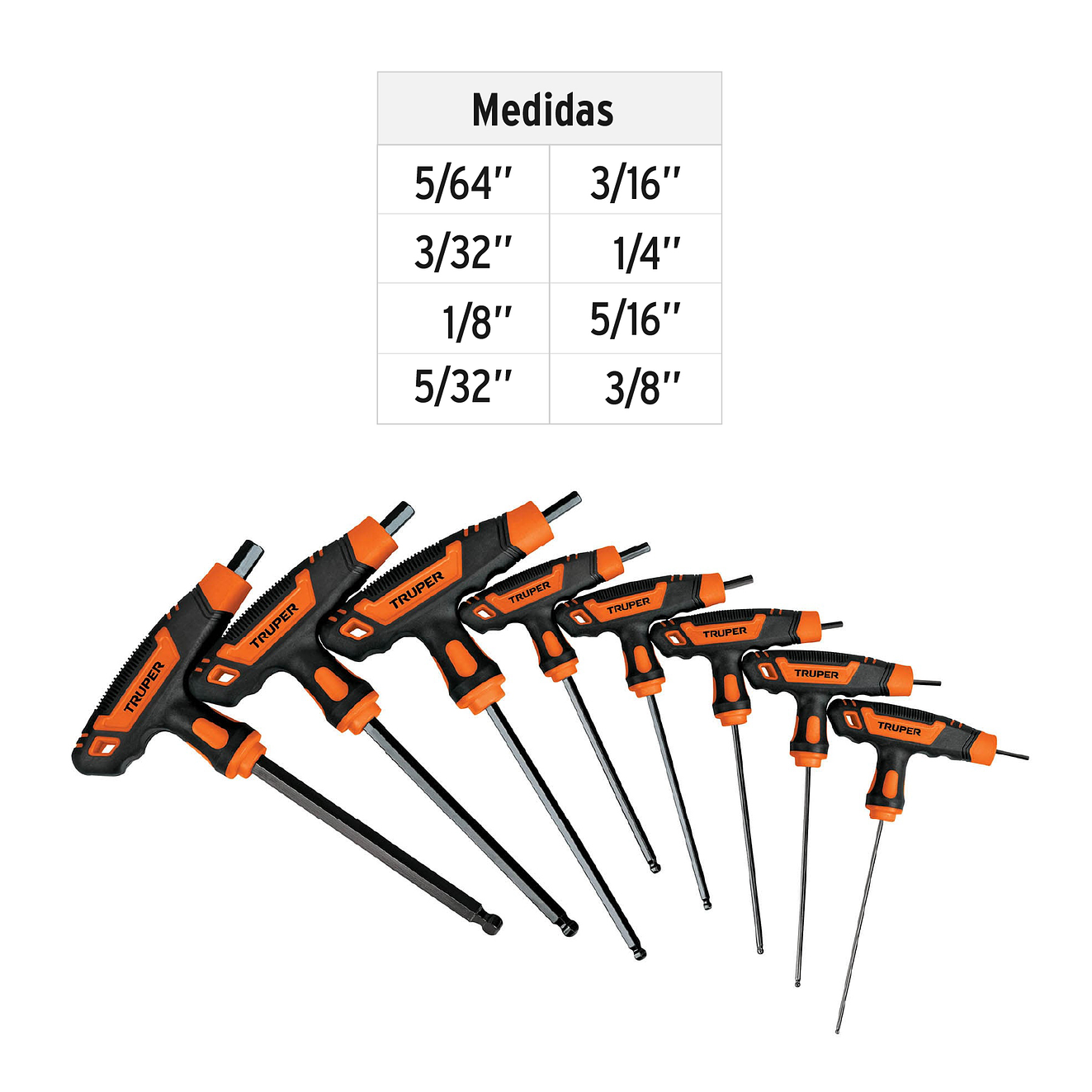 Juego de 8 llaves allen mango T Truper 100934, punta de bola, 5/64' a 3/8'