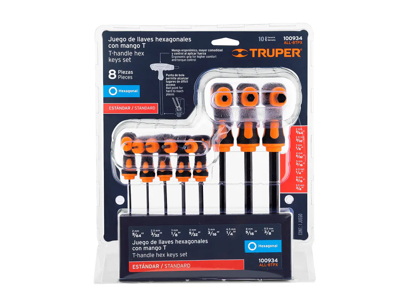 Juego de 8 llaves allen mango T Truper 100934, punta de bola, 5/64' a 3/8'
