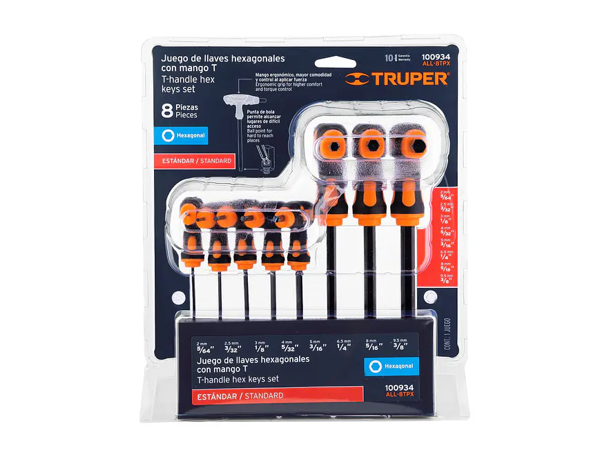 Juego de 8 llaves allen mango T Truper 100934, punta de bola, 5/64' a 3/8'