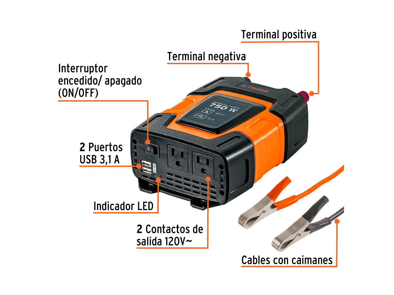 Inversor de Corriente Truper 10490 750W con USB - Foto 2 | aztools.co