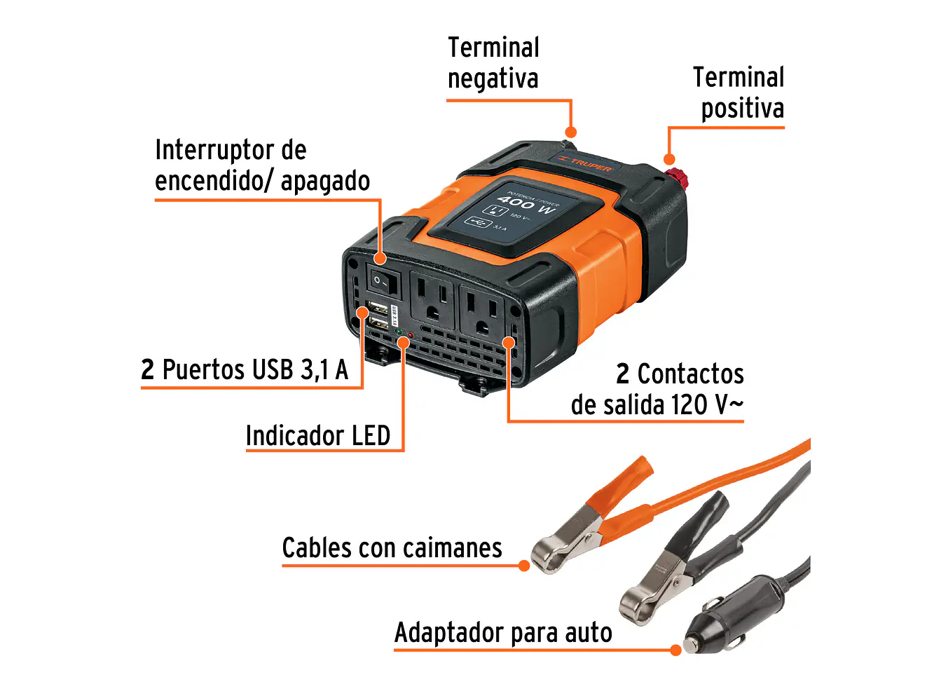 Inversor de Corriente Truper  10449 400W USB - Foto 2 | aztools.co