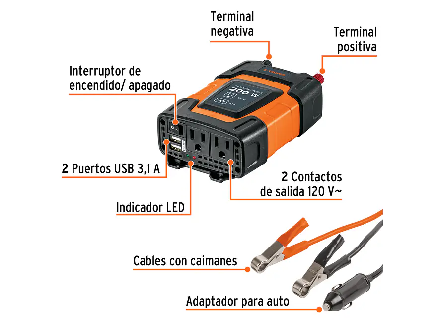 Inversor de Corriente Truper 10448 200W con USB - Foto 2 | aztools.co