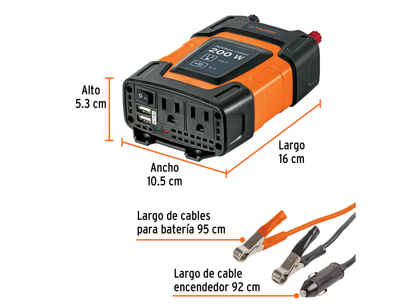 Inversor de Corriente Truper 10448 200W con USB - Foto 3 | aztools.co