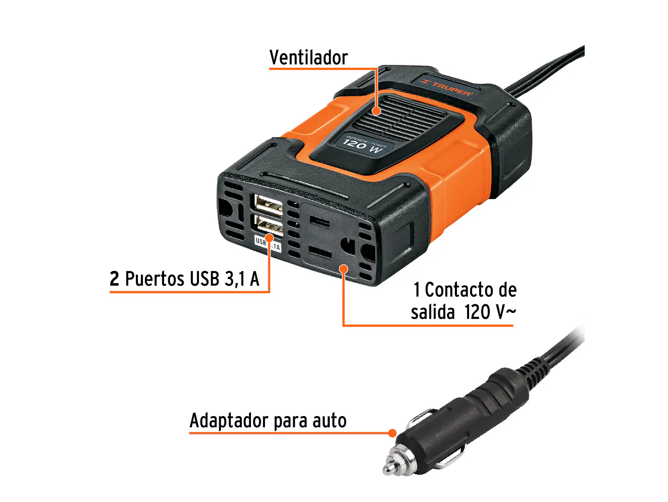 Inversor de Corriente Truper 10447 120W con USB - Foto 2 | aztools.co