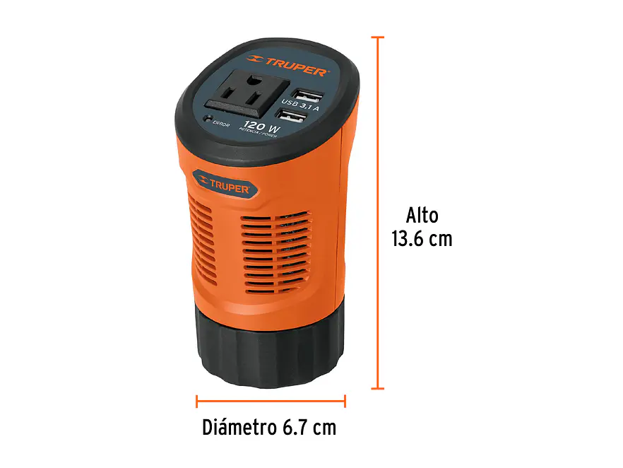 Inversor de corriente TRUPER 15725  tipo vaso con 2 puertos USB 120W  - Foto 3 | aztools.co