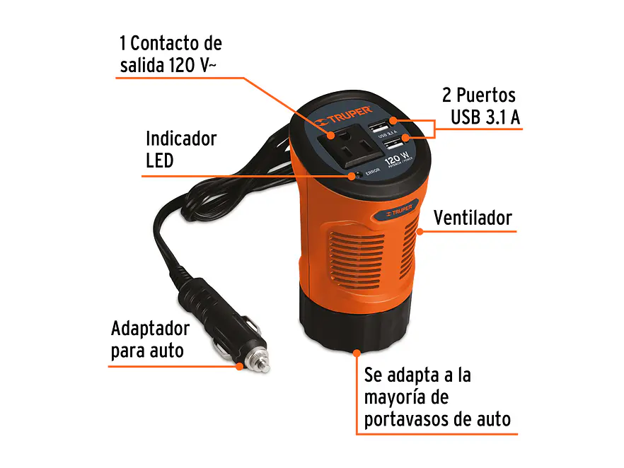 Inversor de corriente TRUPER 15725  tipo vaso con 2 puertos USB 120W  - Foto 5 | aztools.co