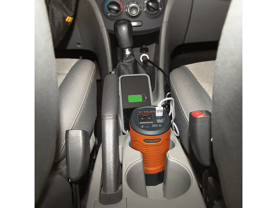 Inversor de corriente TRUPER 15725  tipo vaso con 2 puertos USB 120W  - Foto 2 | aztools.co