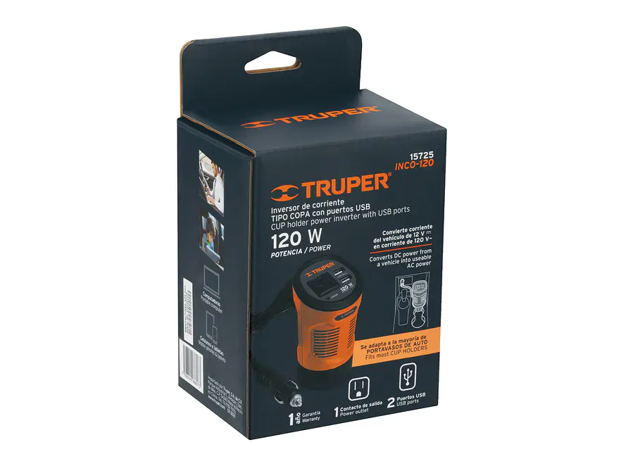 Inversor de corriente TRUPER 15725  tipo vaso con 2 puertos USB 120W  - Foto 6 | aztools.co