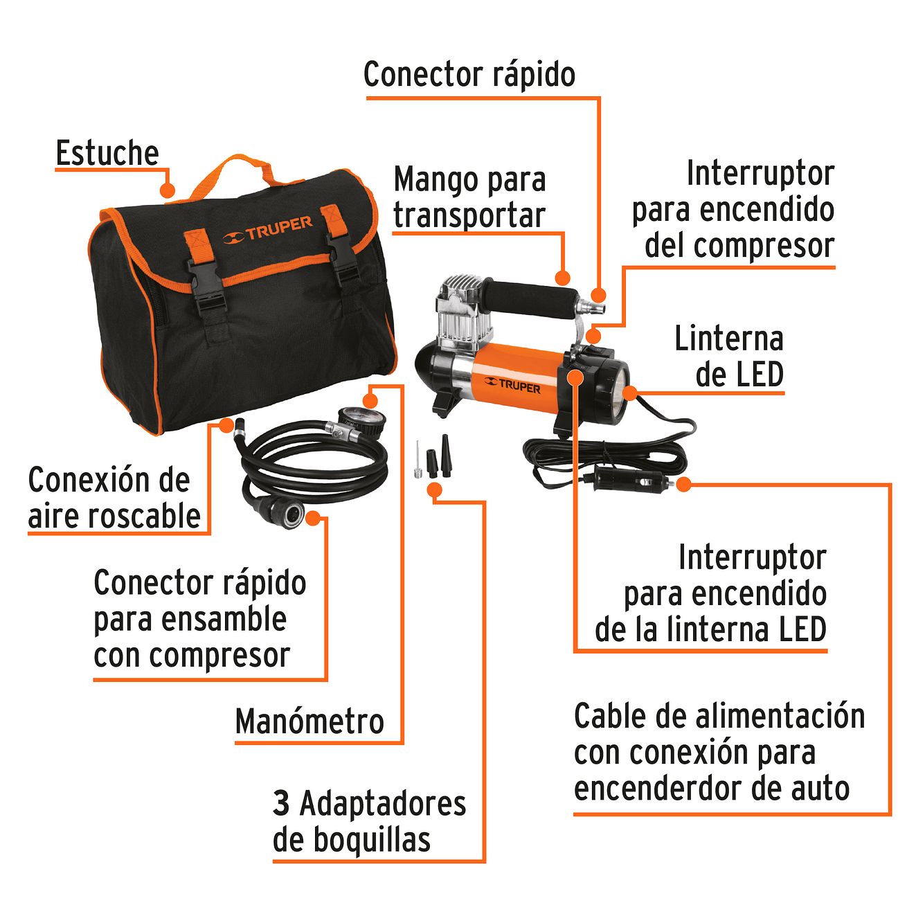 Compresor de aire 12V Truper 19999 portátil para carro - incluye maletin   2