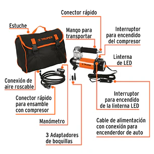 Compresor de aire 12V Truper 19999 portátil para carro - incluye maletin  