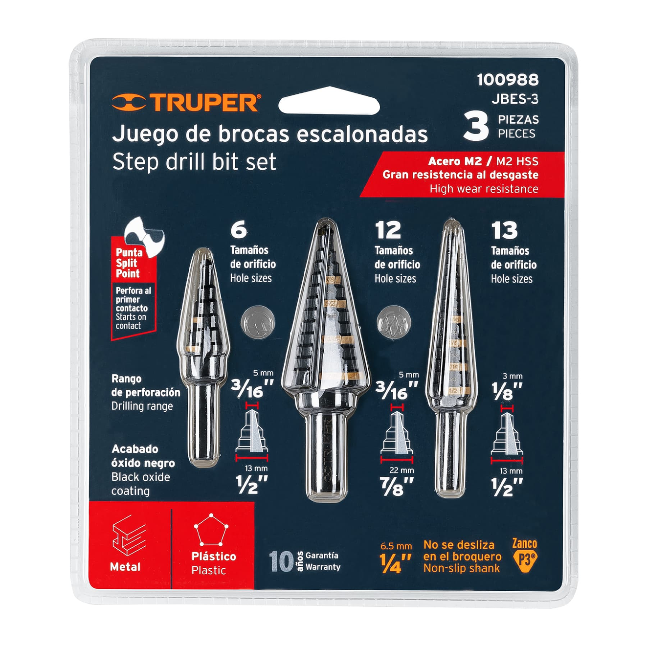Juego de brocas escalonadas óxido negro 3 piezas Truper 100988, JBES-3,  4
